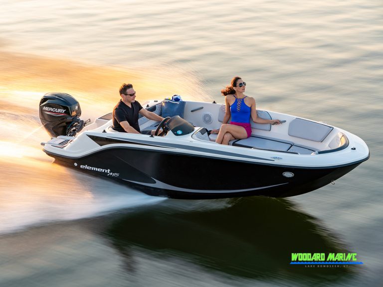 couple cruising in a bayliner element m15