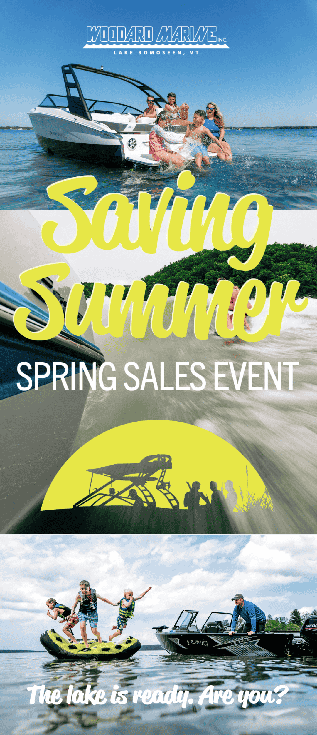 Save Your Summer Spring Sales Event at Woodard Marine — Regal LS2 family boating, Moomba wake surfing, and Lund boat tubing in Vermont, April 17–May 31.